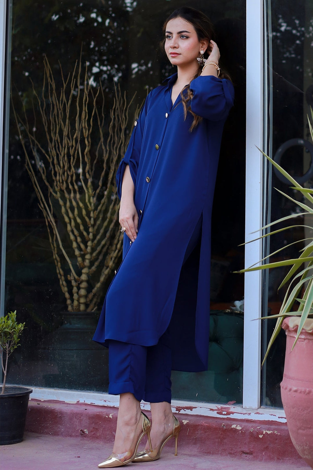 Sapphire Blue Buttoned Grip Dress - Peach Republic