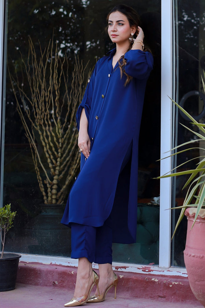 Sapphire Blue Buttoned Grip Dress - Peach Republic