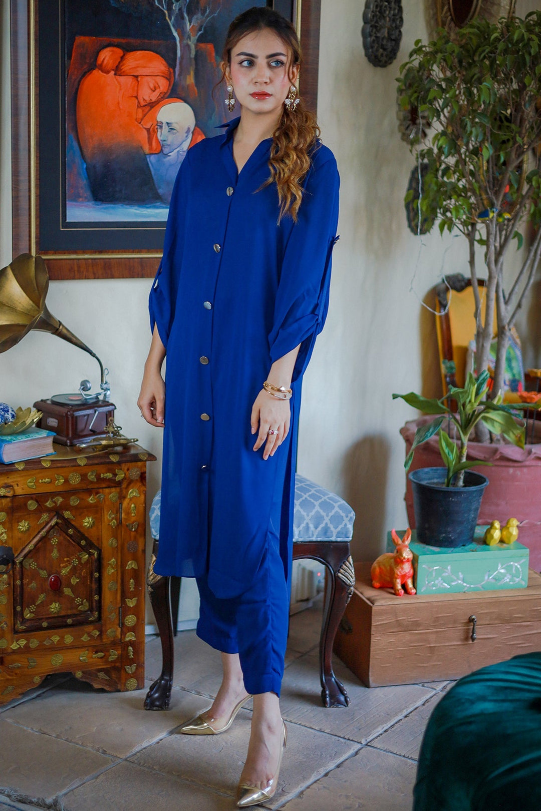 Sapphire Blue Buttoned Grip Dress - Peach Republic