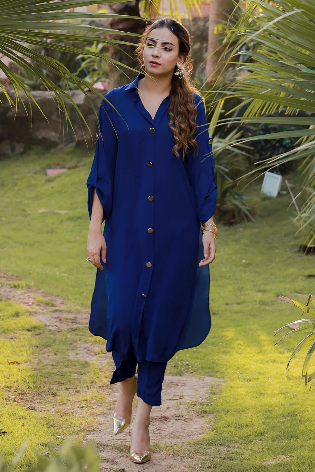 Sapphire Blue Buttoned Grip Dress - Peach Republic