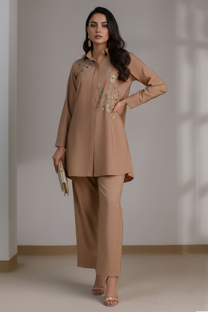 Pastel Brown Embroidered Co Ord Set-02