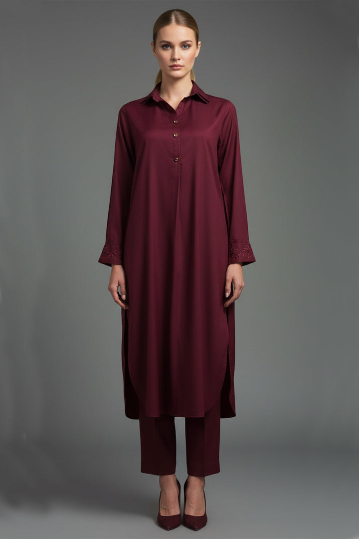 Maroon Embroidered Dress - 011