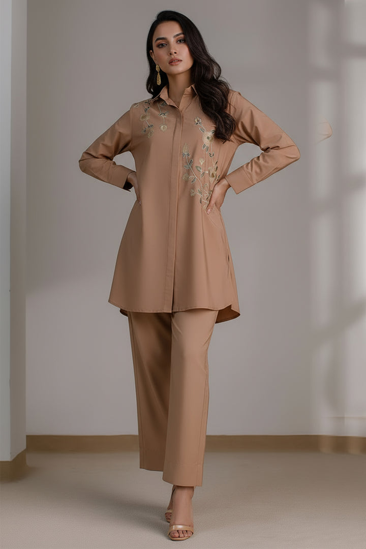 Pastel Brown Embroidered Co Ord Set-02