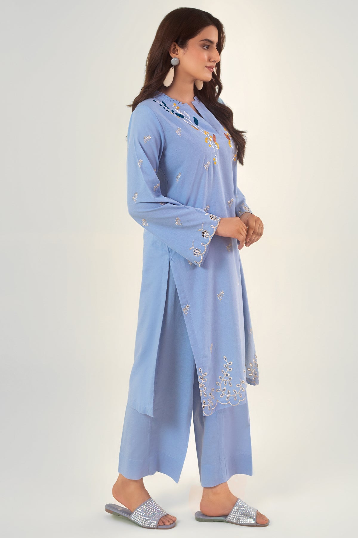 Sky Blue Embroidered Dress - Peach Republic