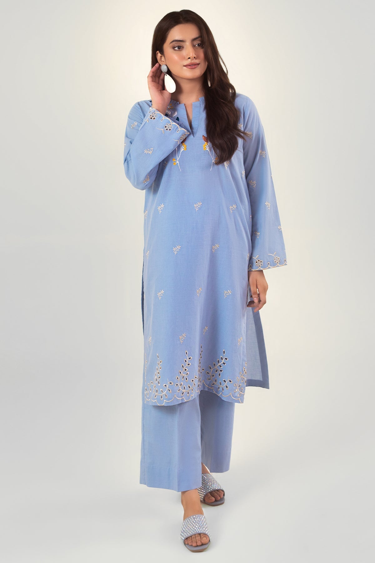 Sky Blue Embroidered Dress - Peach Republic