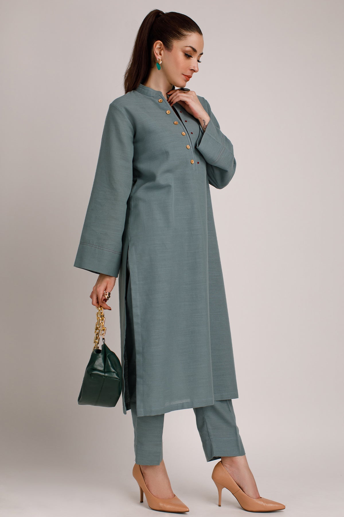 Stone Grey Khaddar Dress - Peach Republic