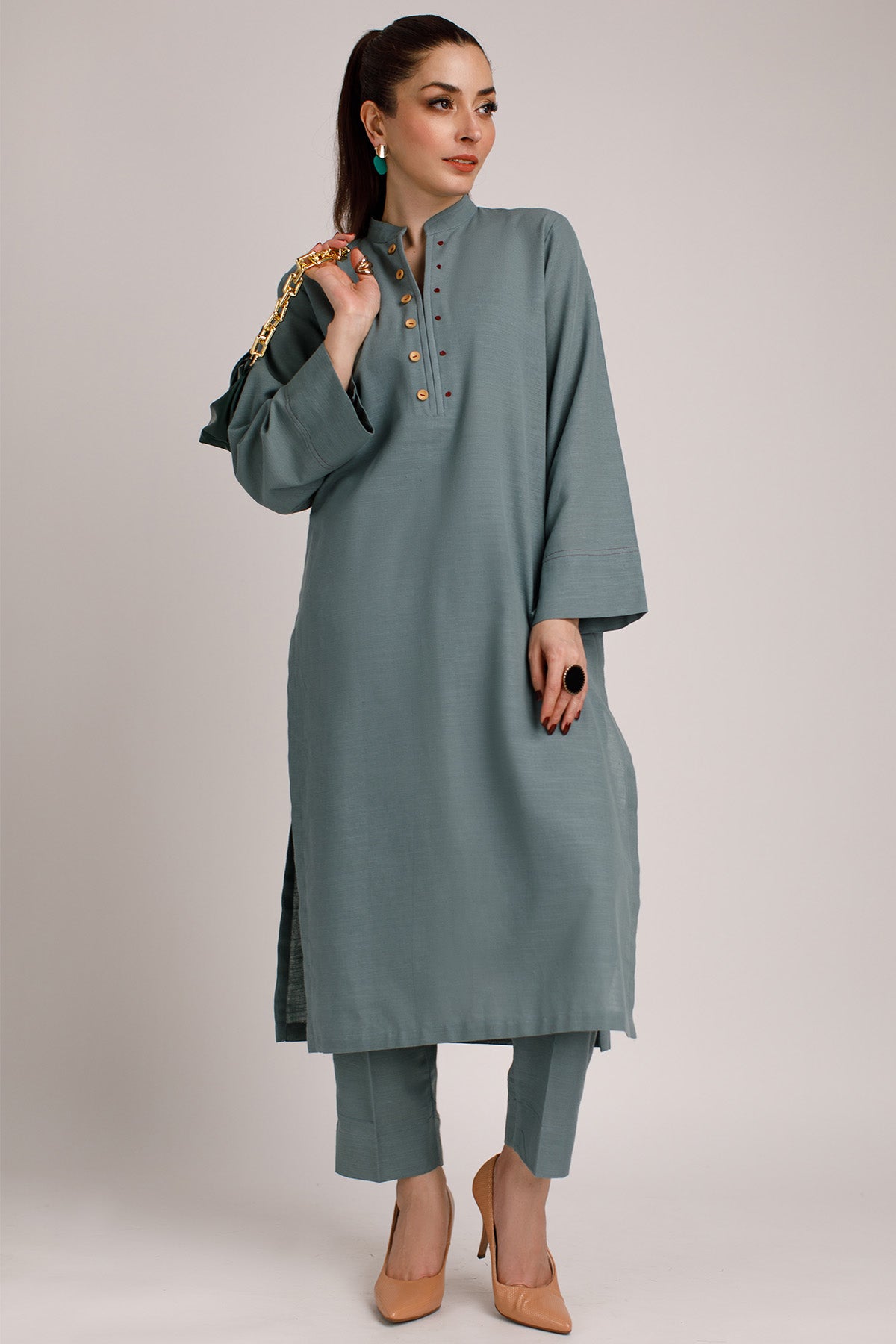 Stone Grey Khaddar Dress - Peach Republic