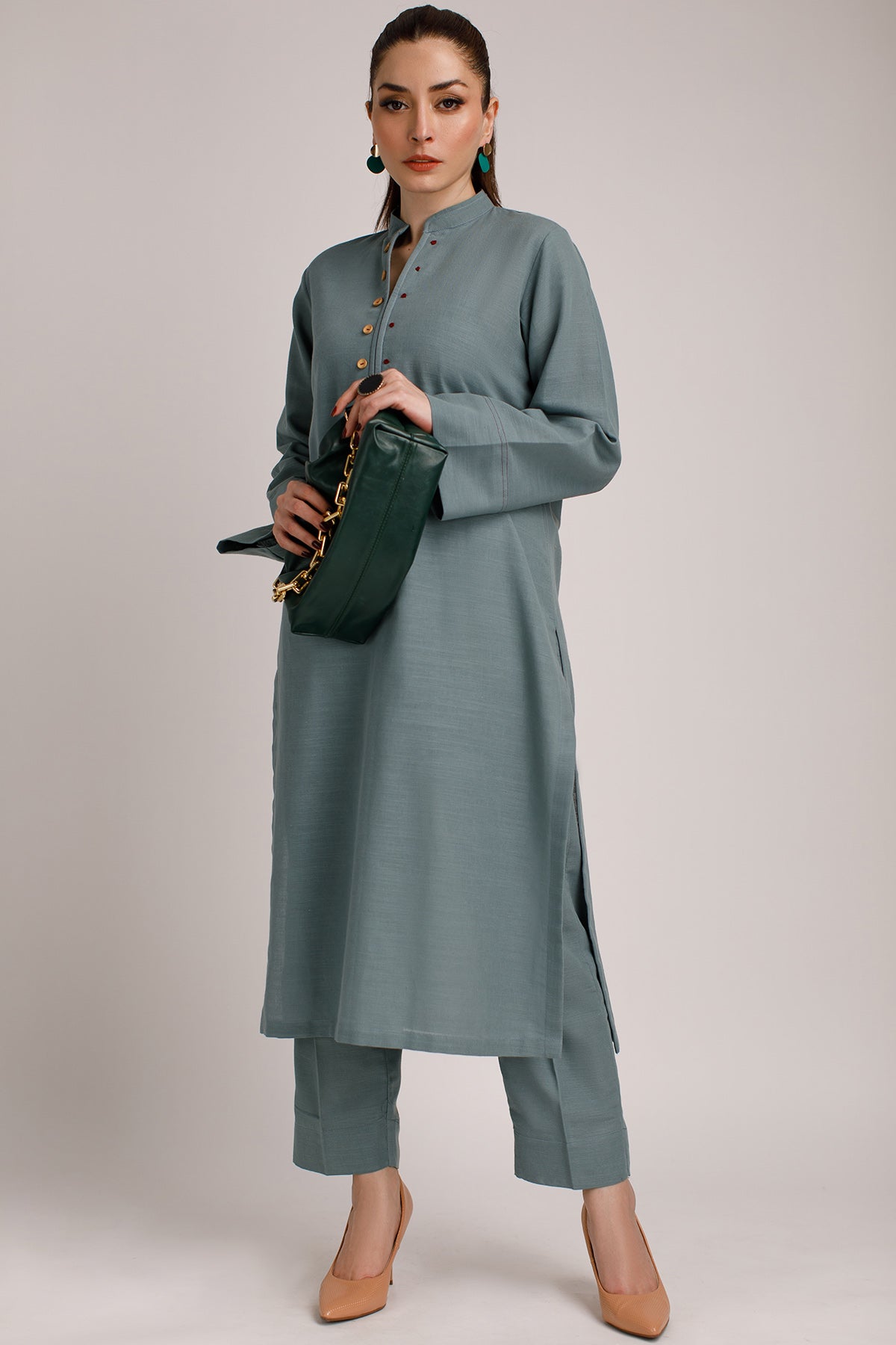 Stone Grey Khaddar Dress - Peach Republic