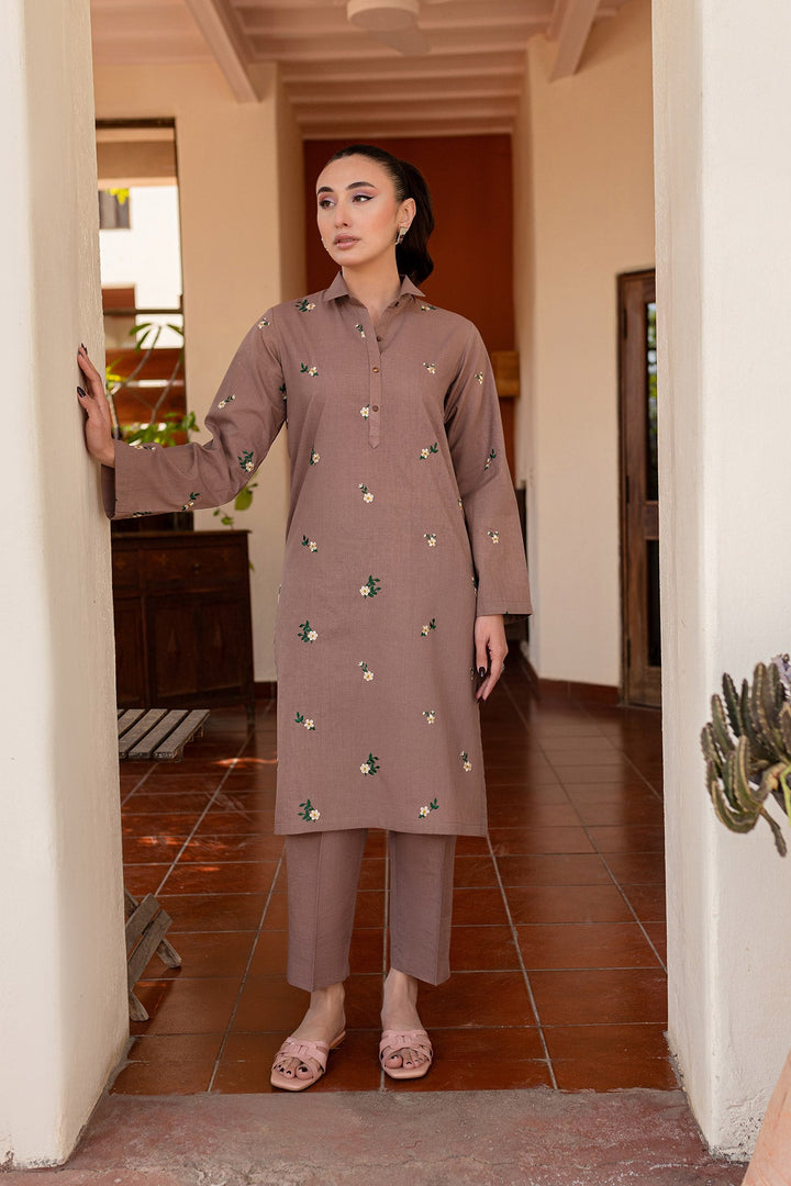 Tan Brown Embroidered Dress - Peach Republic