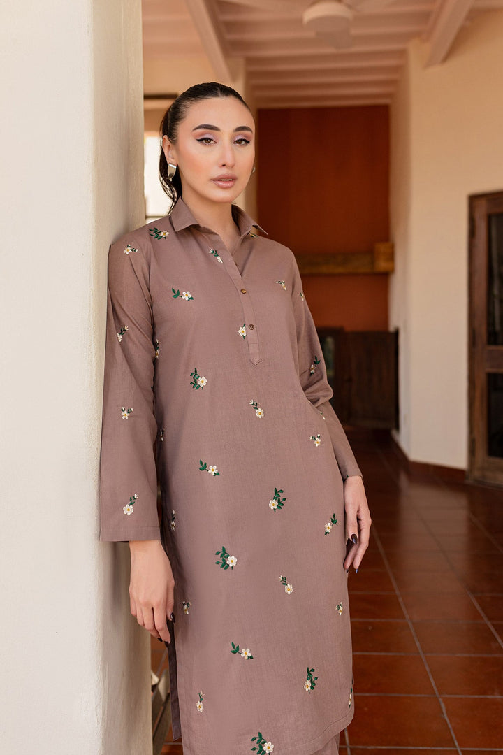 Tan Brown Embroidered Dress - Peach Republic