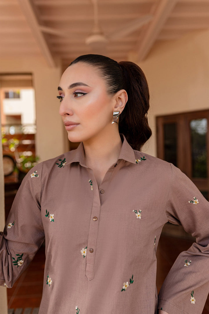 Tan Brown Embroidered Dress - Peach Republic