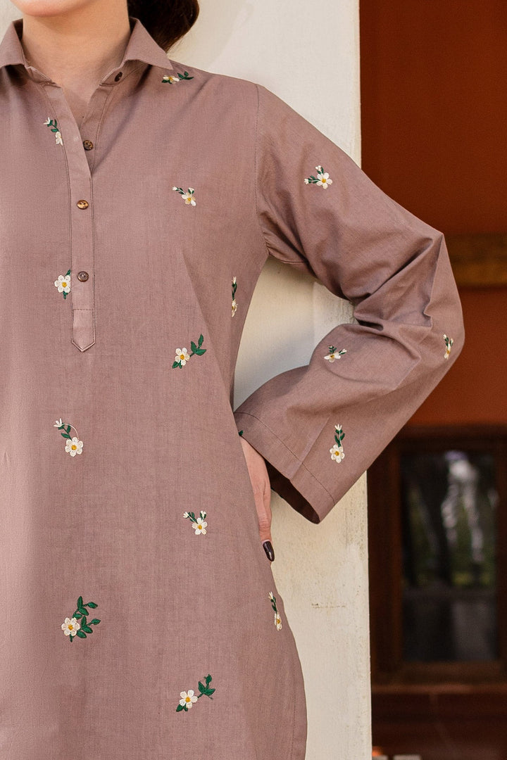 Tan Brown Embroidered Dress - Peach Republic
