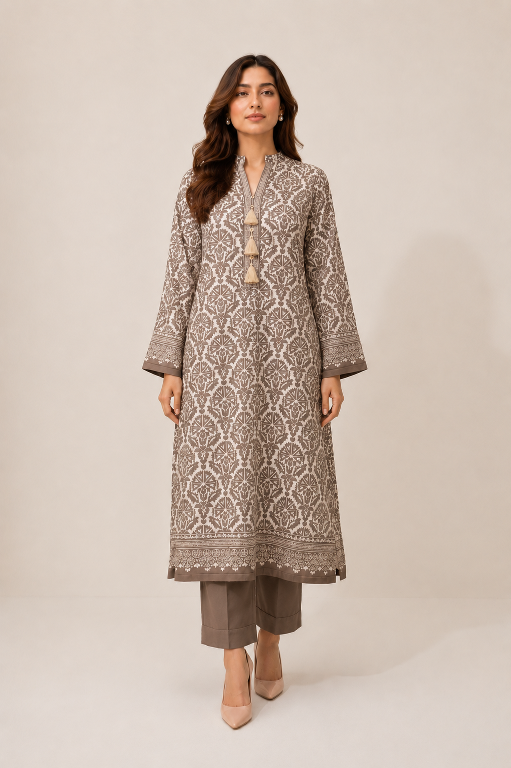 Taupe Filigree Co-ord Set - Front view