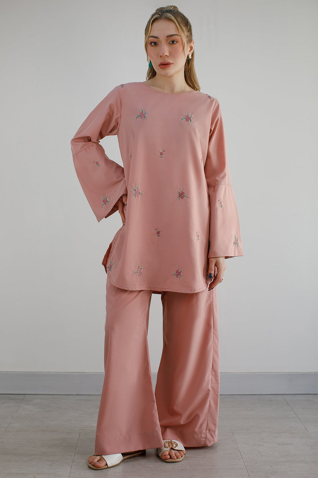 Tea Pink Embroidered Co Ord Set - Peach Republic