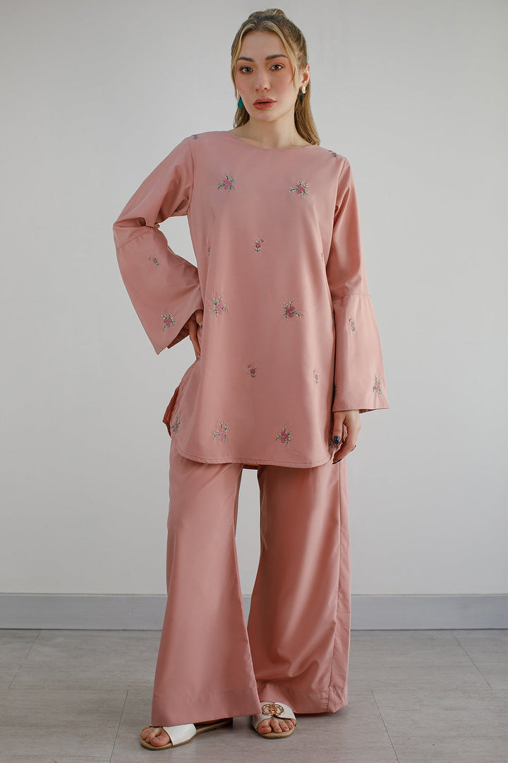 Tea Pink Embroidered Co Ord Set - Peach Republic