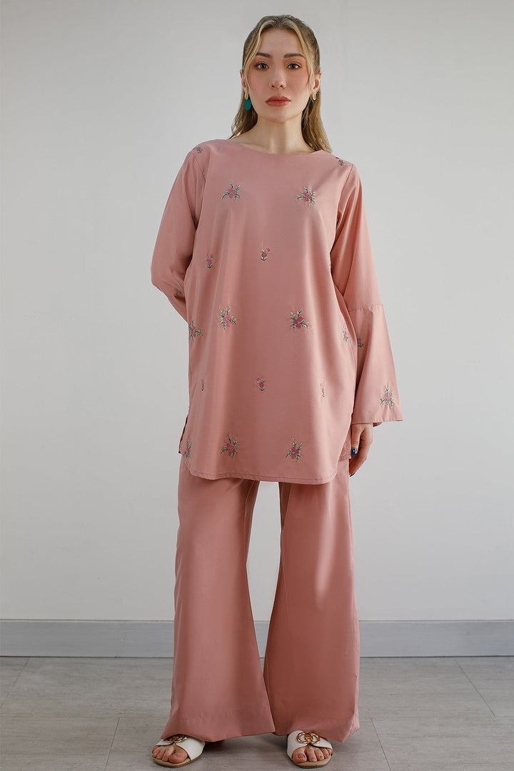 Tea Pink Embroidered Co Ord Set - Peach Republic