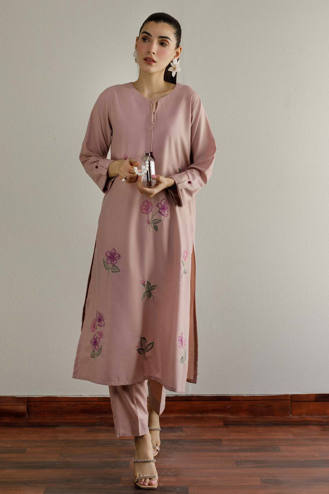 Tea Pink Embroidered Dress - 01 - Peach Republic