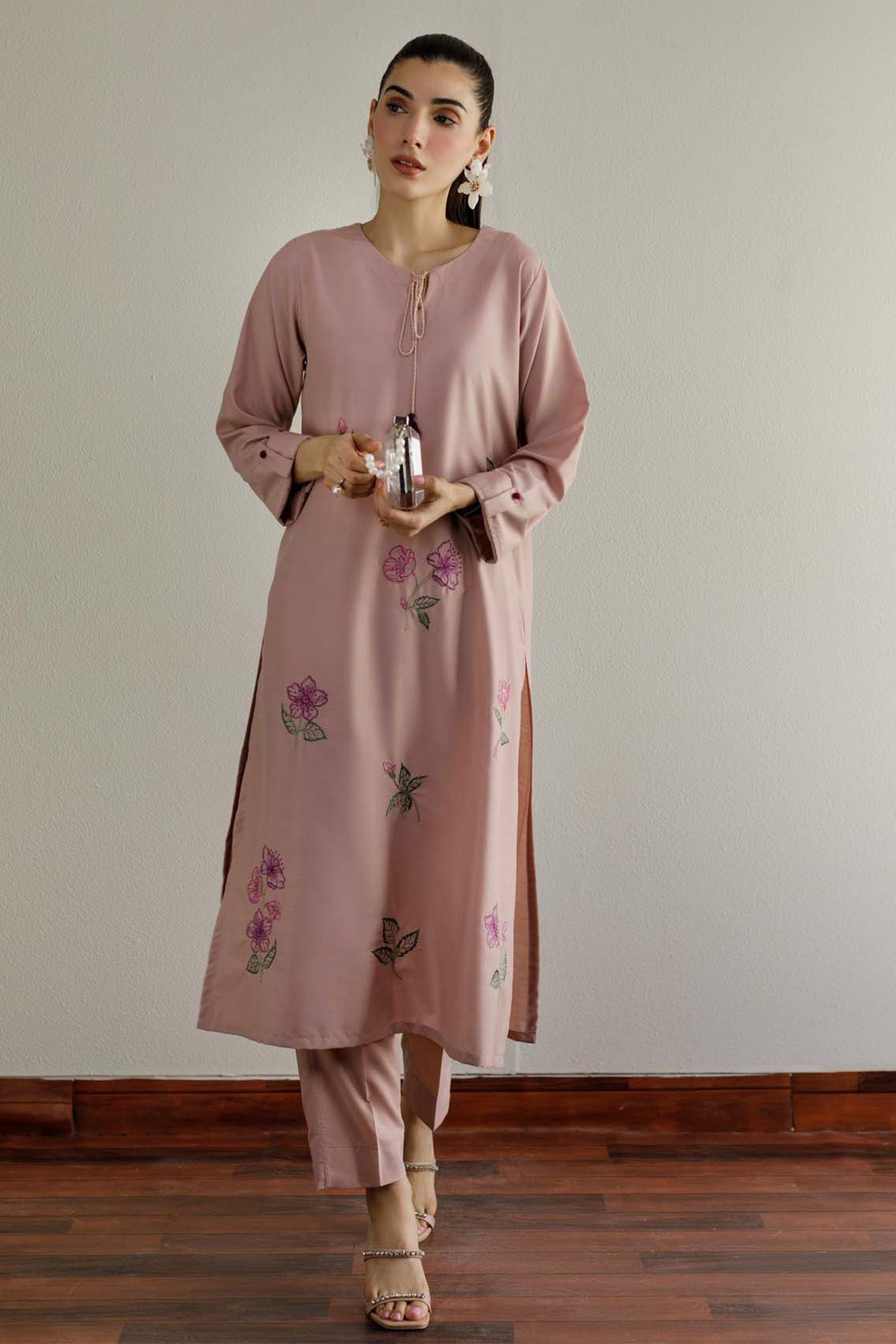Tea Pink Embroidered Dress - 01 - Peach Republic