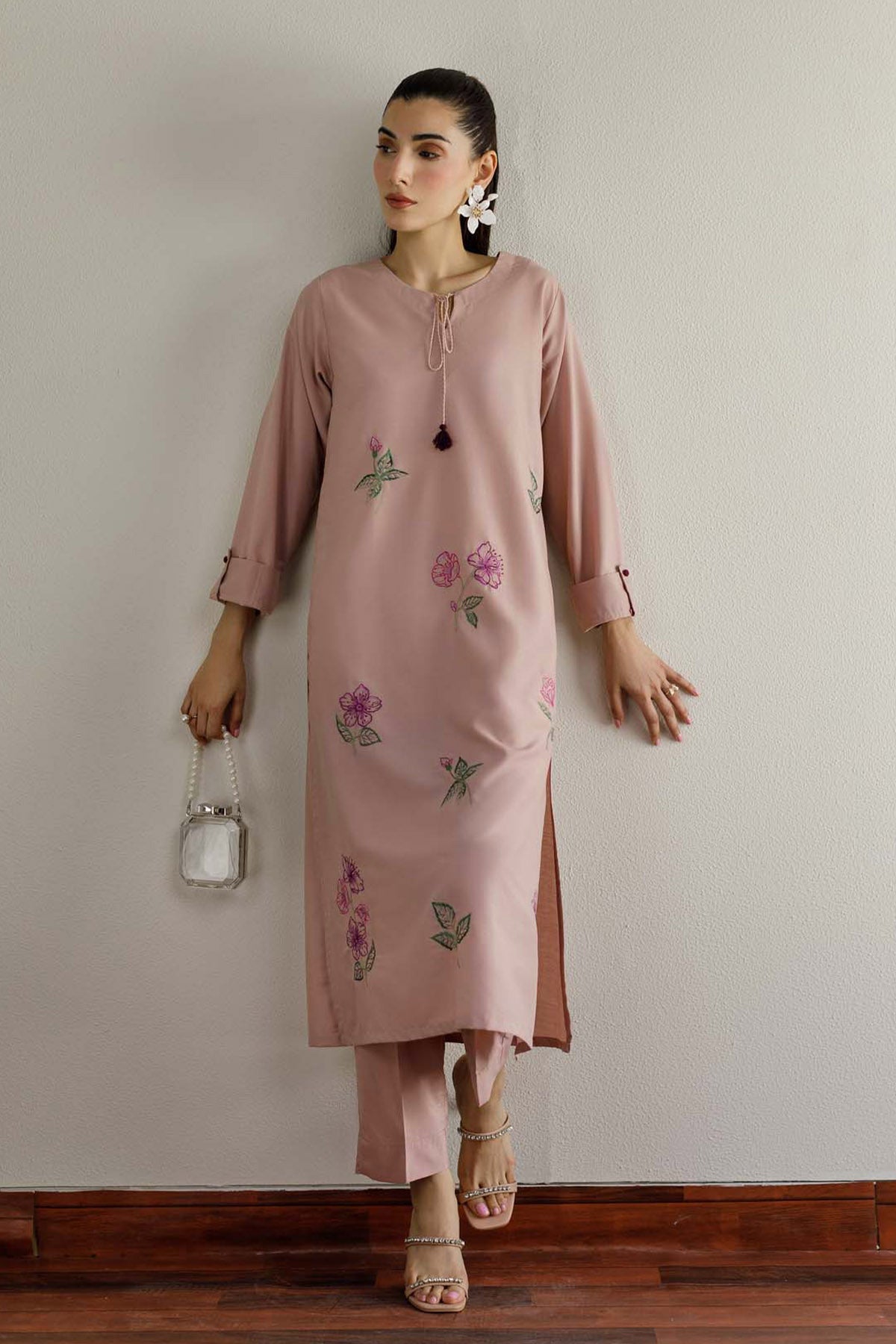 Tea Pink Embroidered Dress - 01 - Peach Republic
