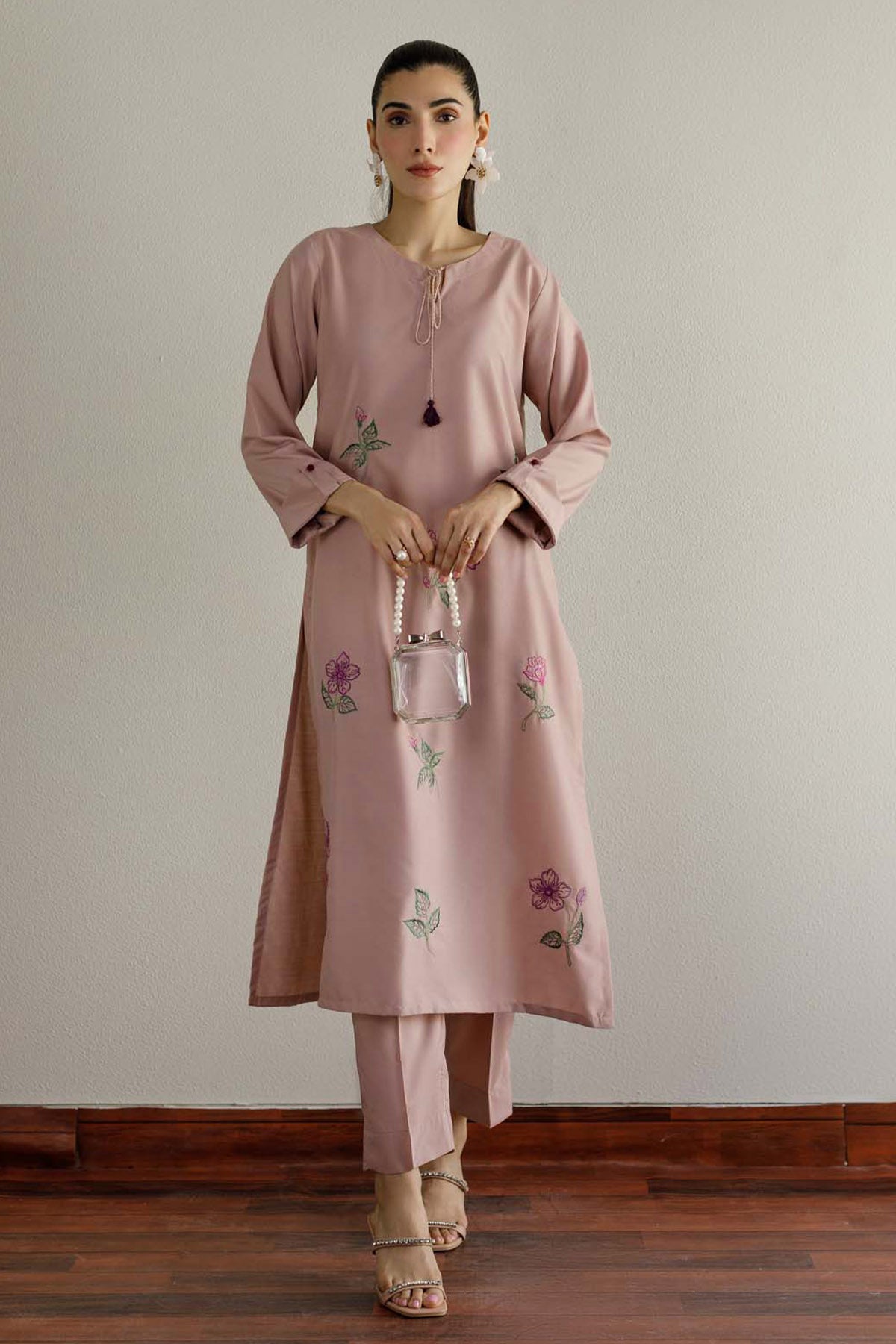 Tea Pink Embroidered Dress - 01 - Peach Republic