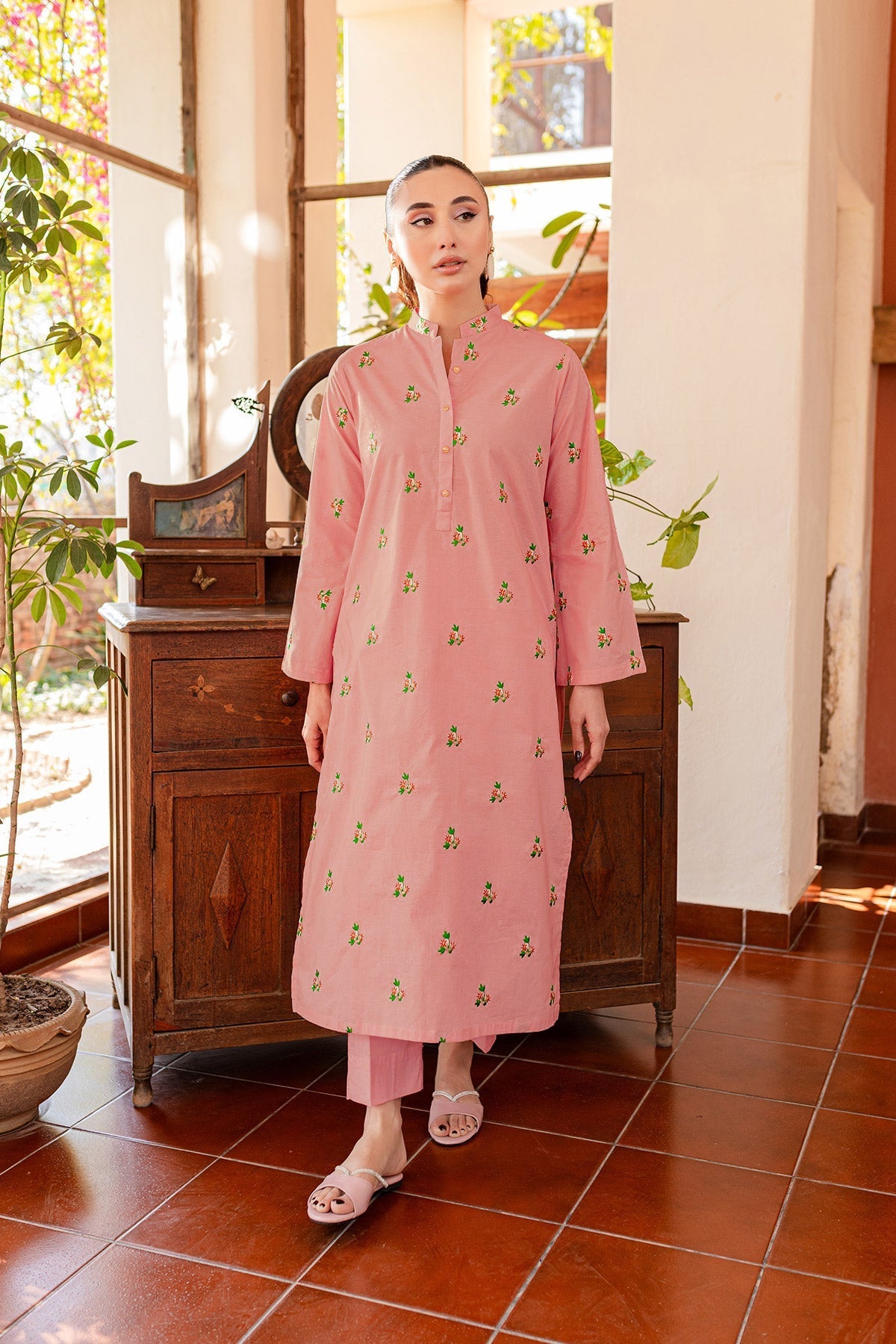 Tea Pink Embroidered Dress - 01 - Peach Republic