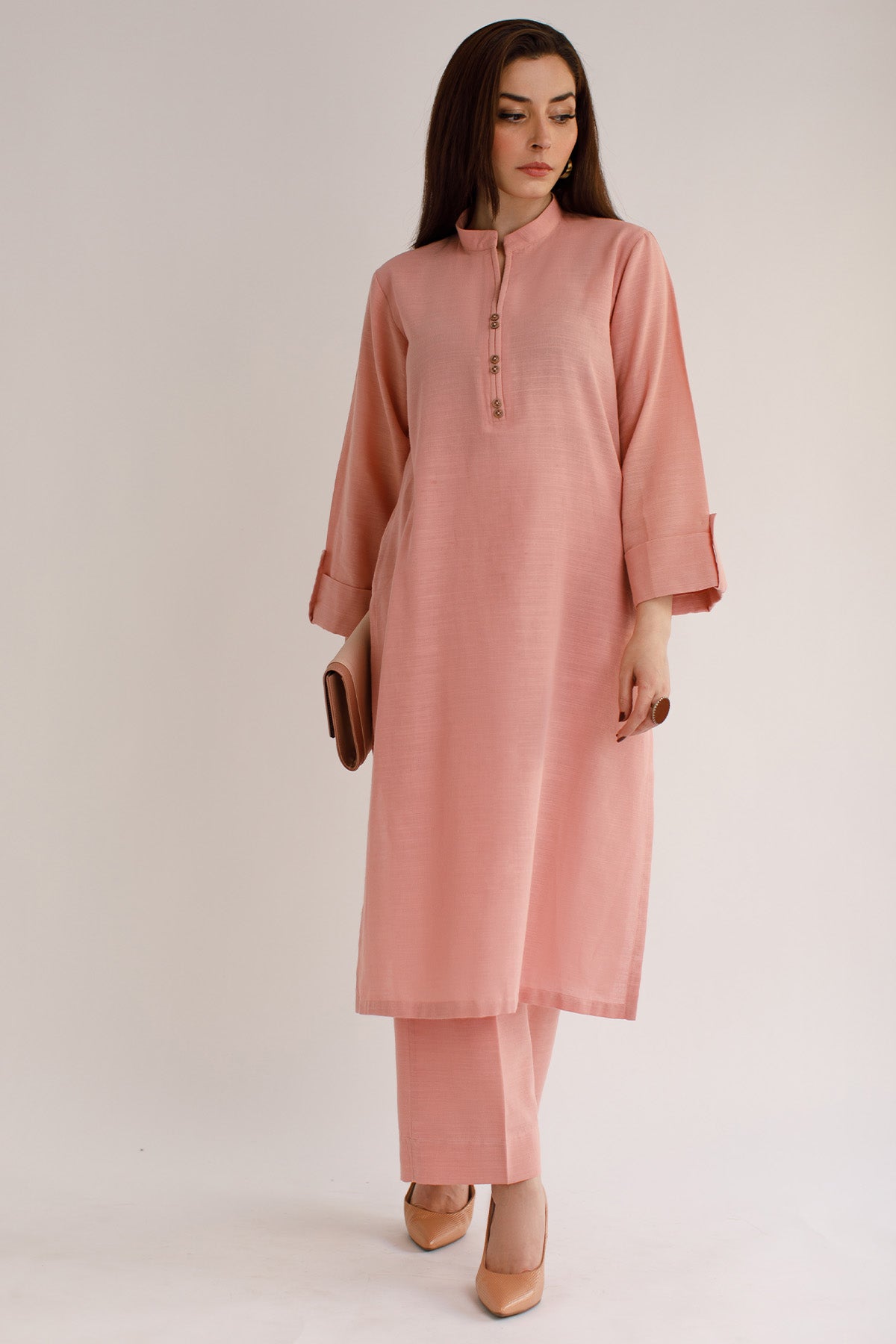 Tea pink Khaddar Dress - Peach Republic