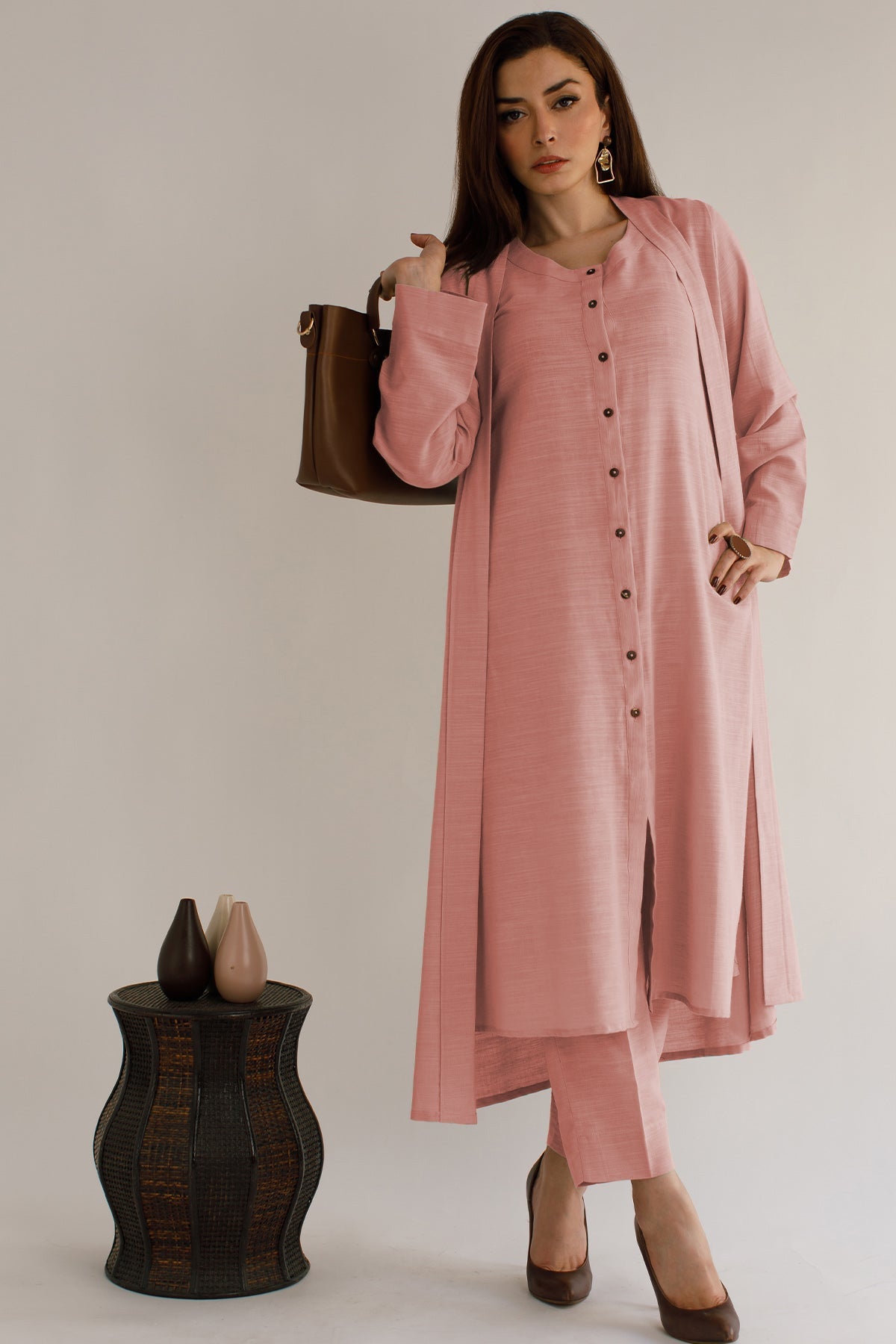 Tea Pink Khaddar Dress - Peach Republic