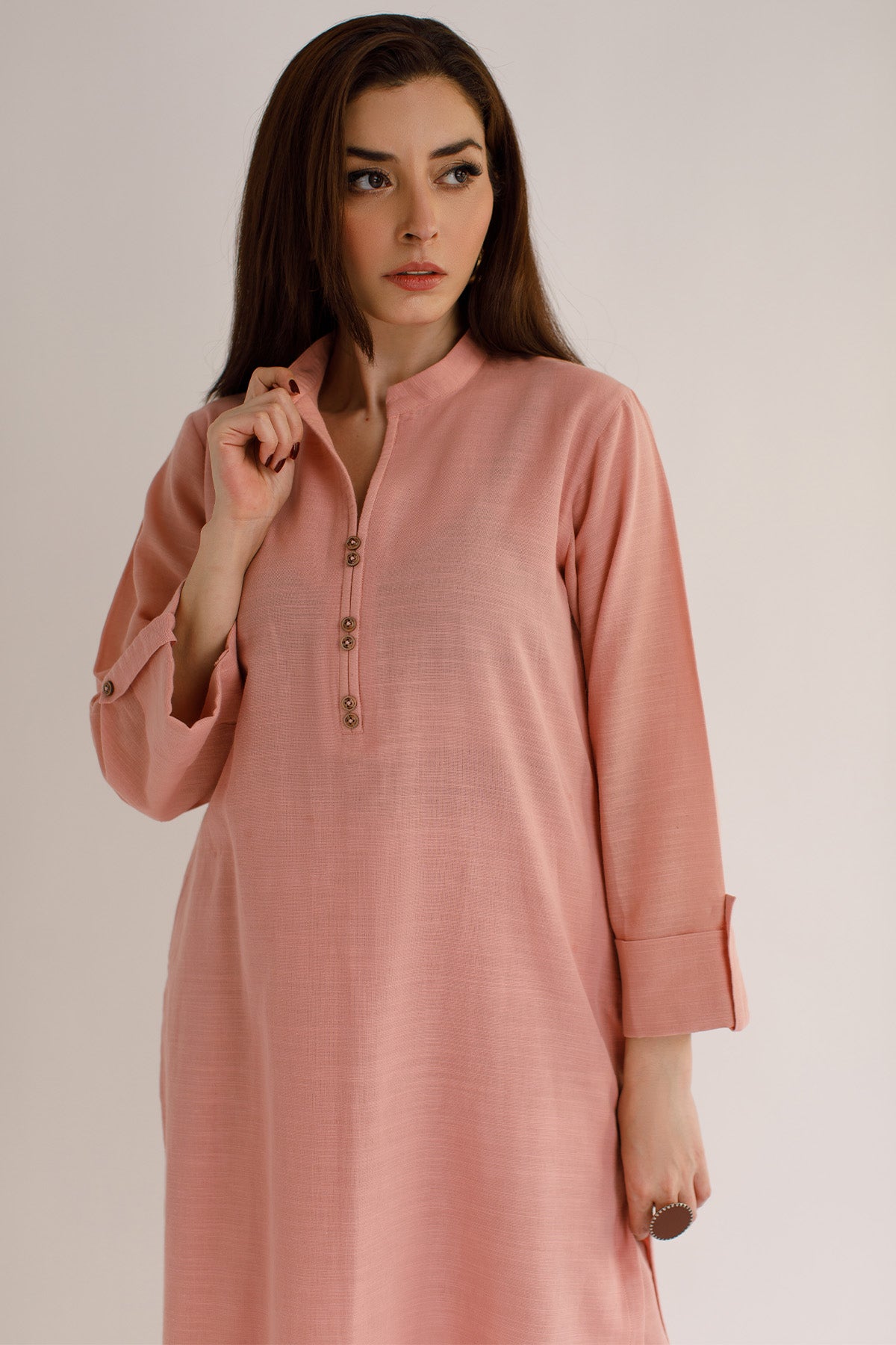 Tea pink Khaddar Dress - Peach Republic