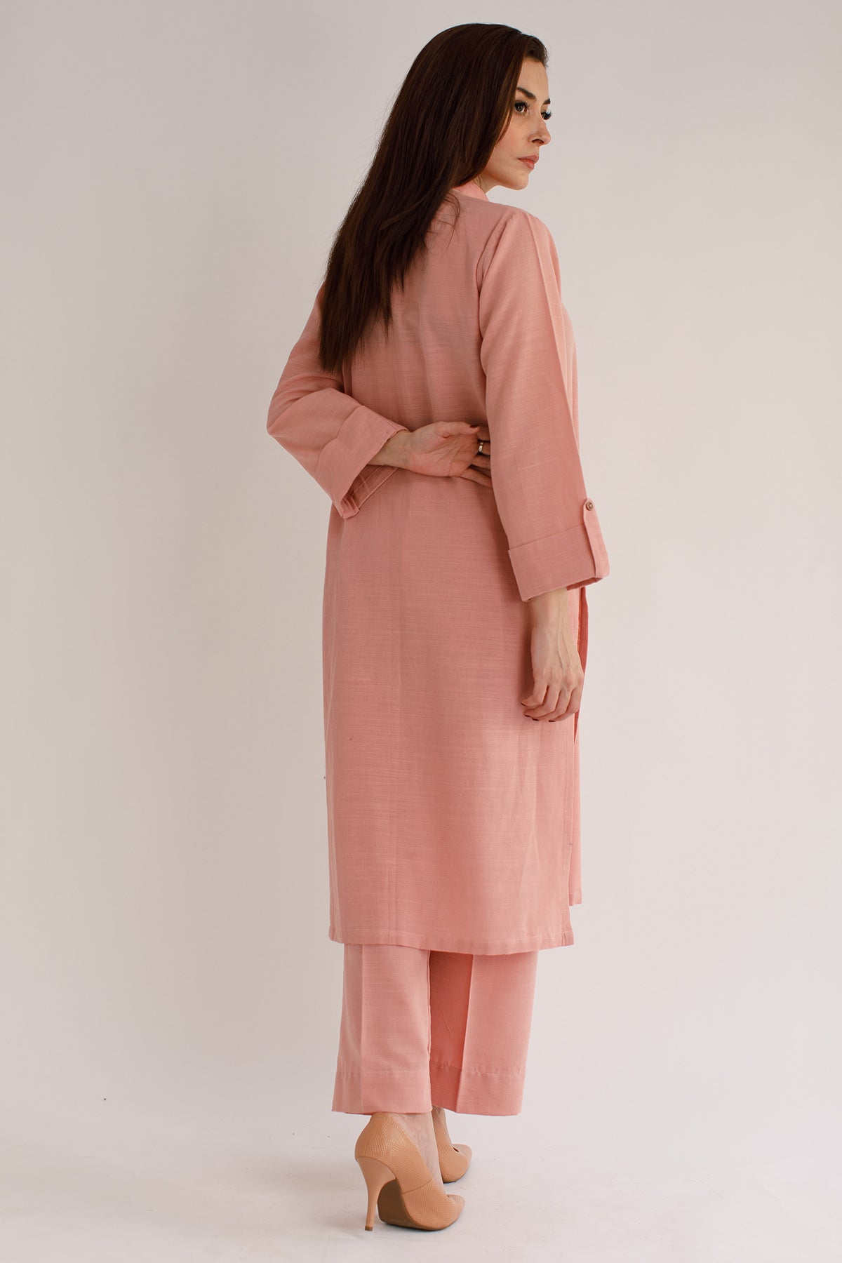 Tea pink Khaddar Dress - Peach Republic