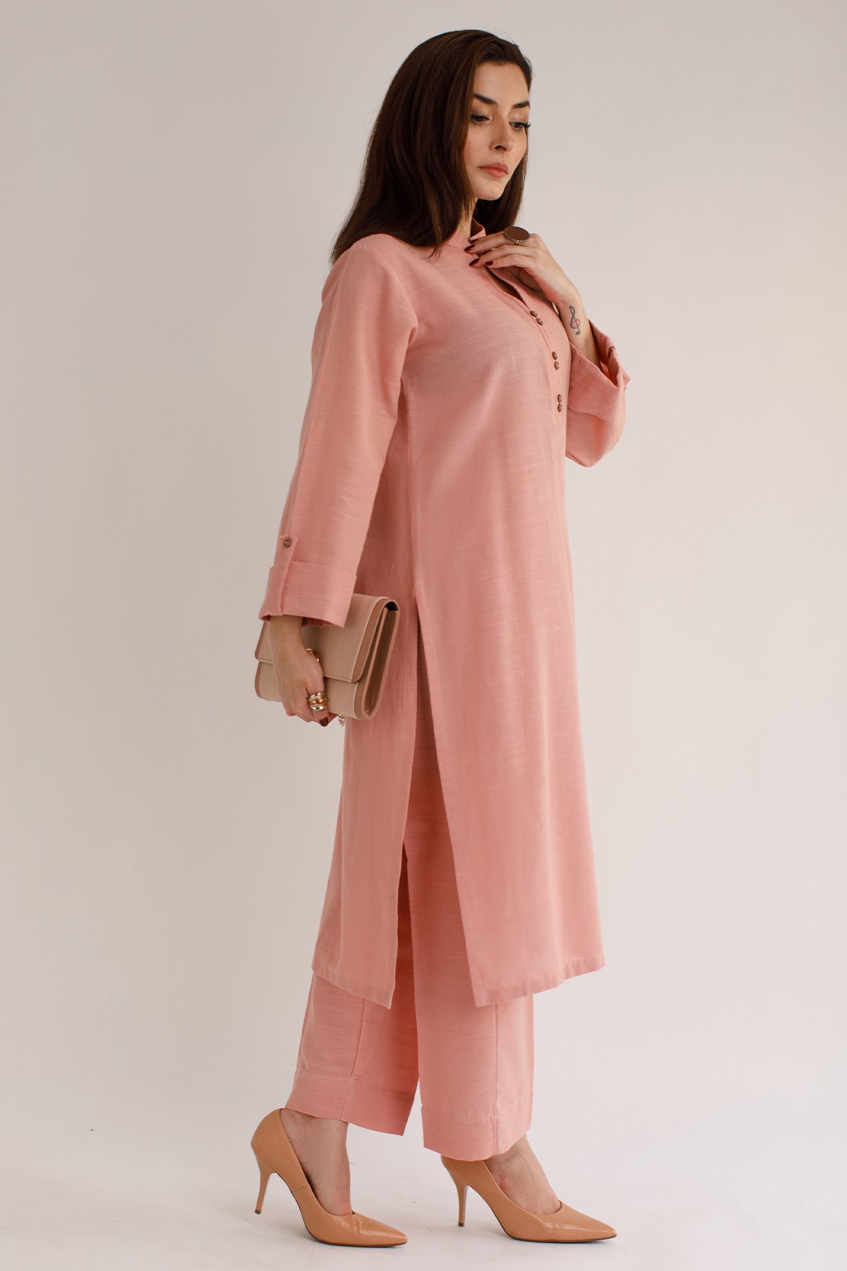 Tea pink Khaddar Dress - Peach Republic