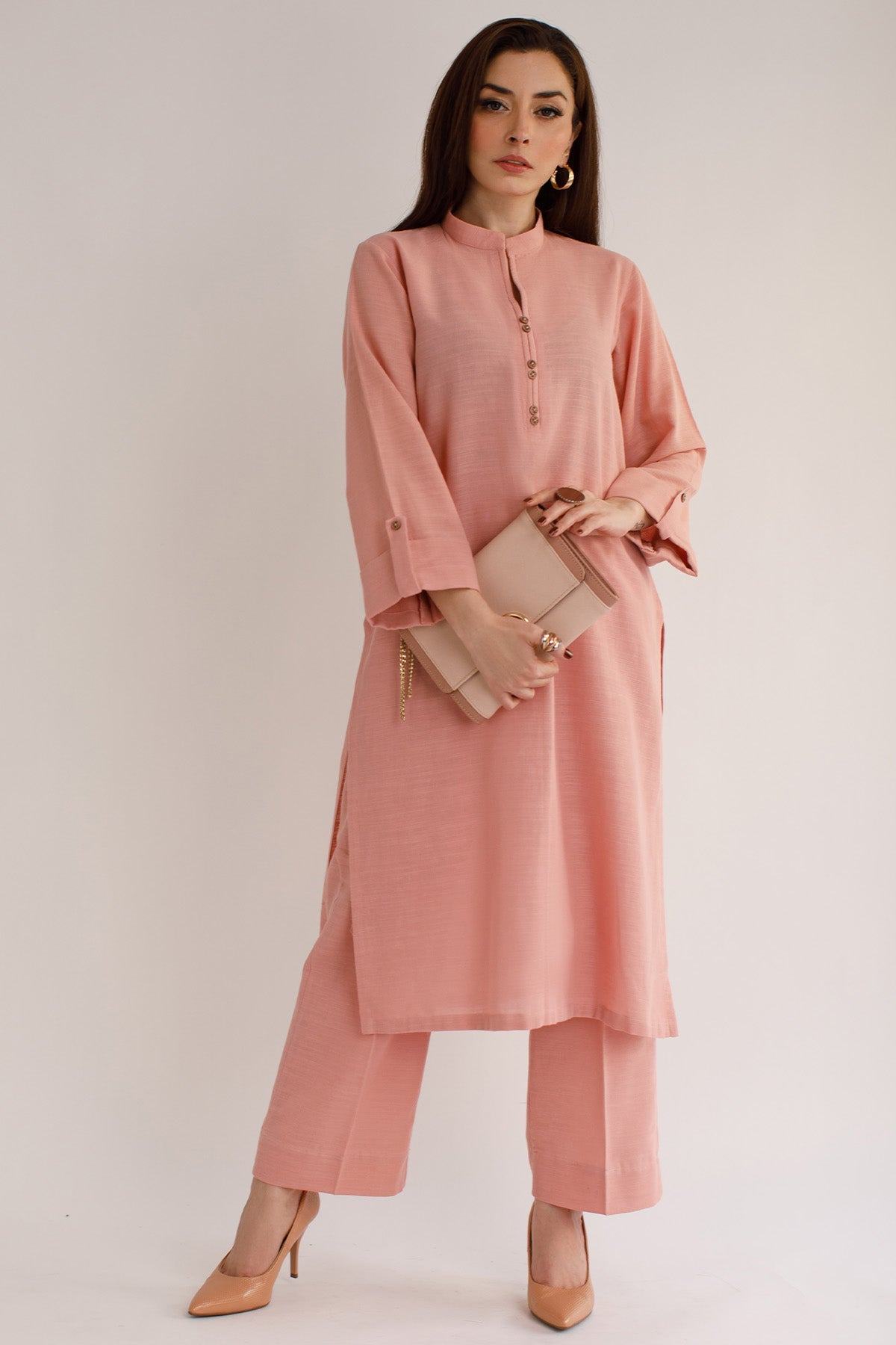 Tea pink Khaddar Dress - Peach Republic