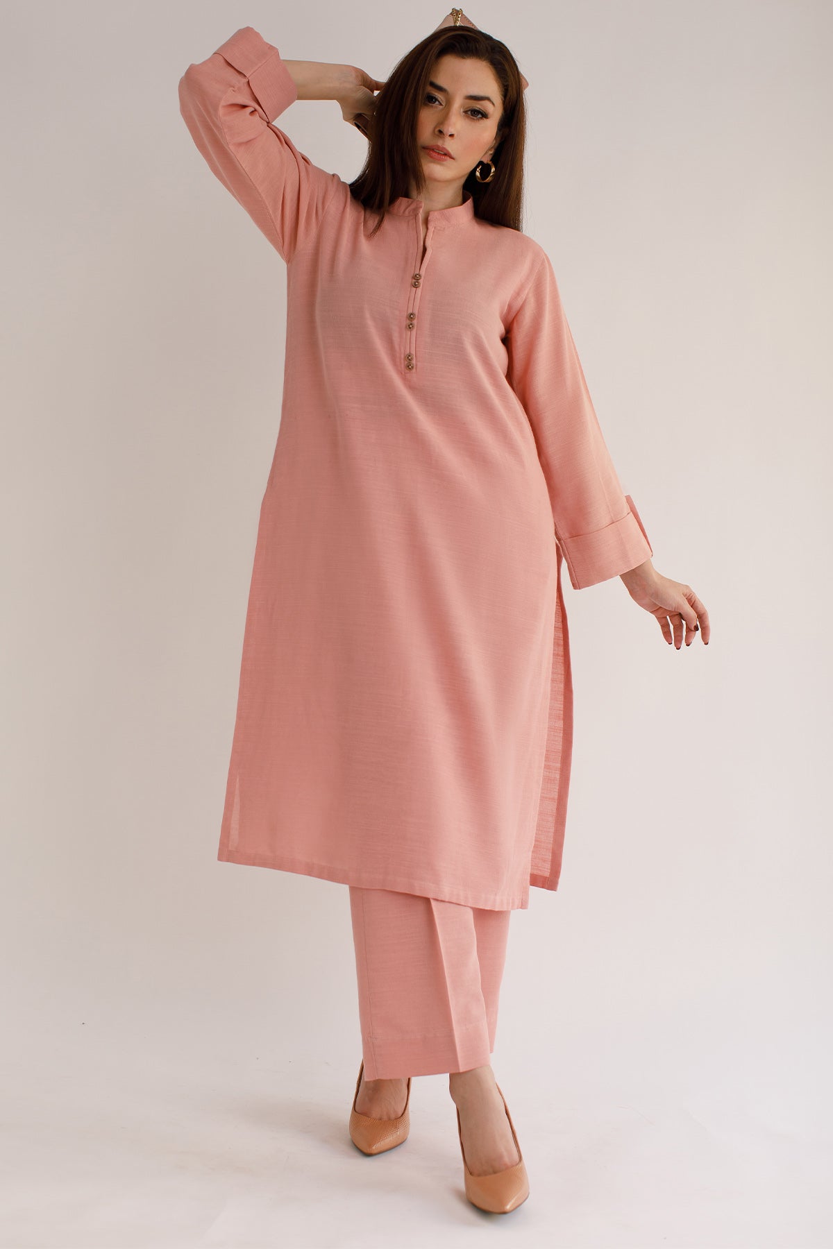 Tea pink Khaddar Dress - Peach Republic