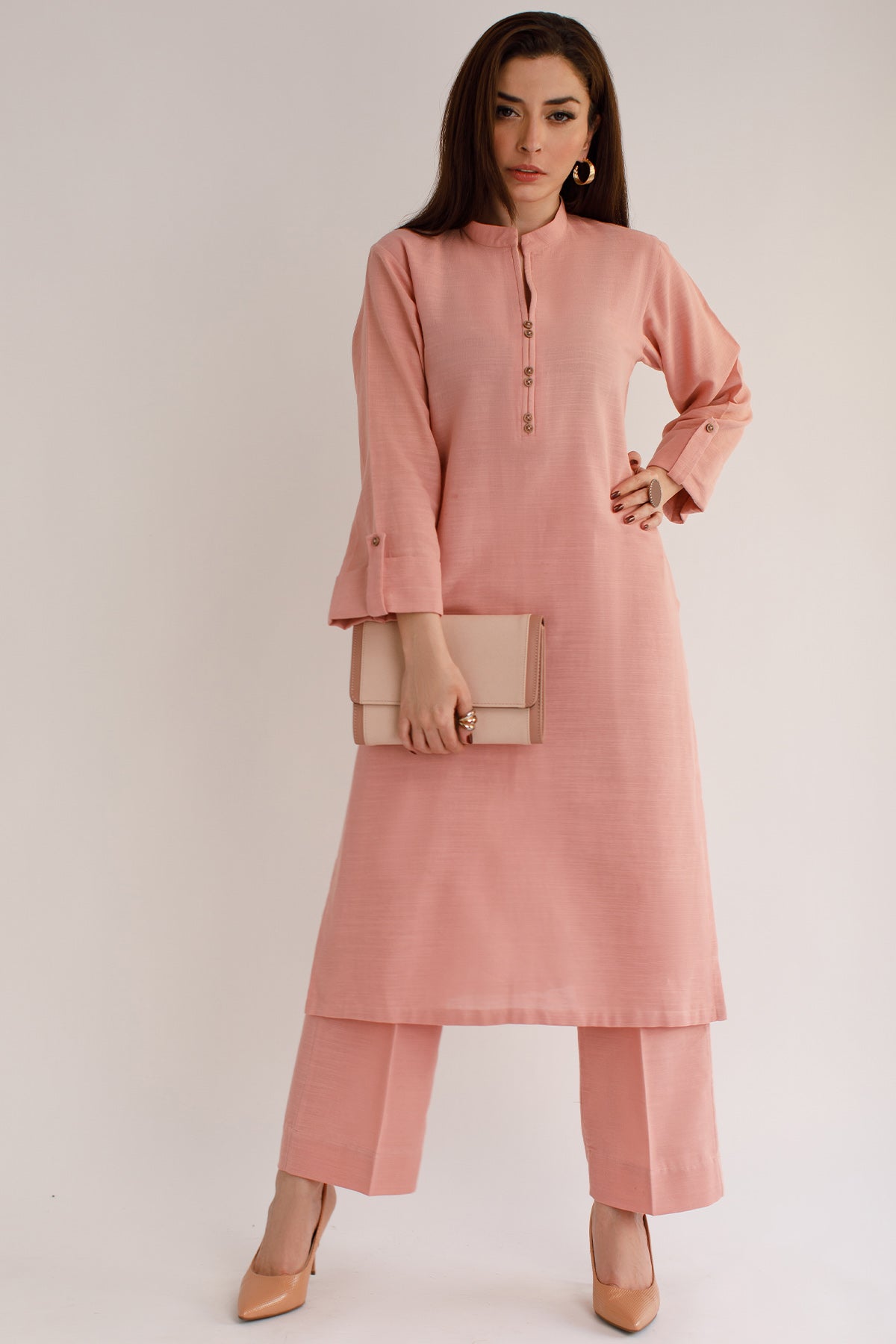 Tea pink Khaddar Dress - Peach Republic