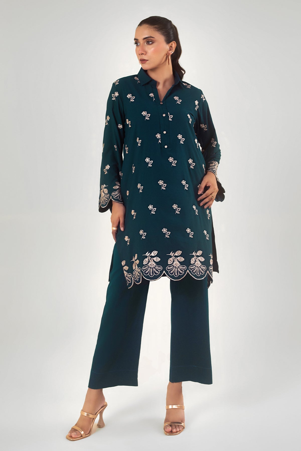Teal Green Embroidered Co Ord Set - Peach Republic
