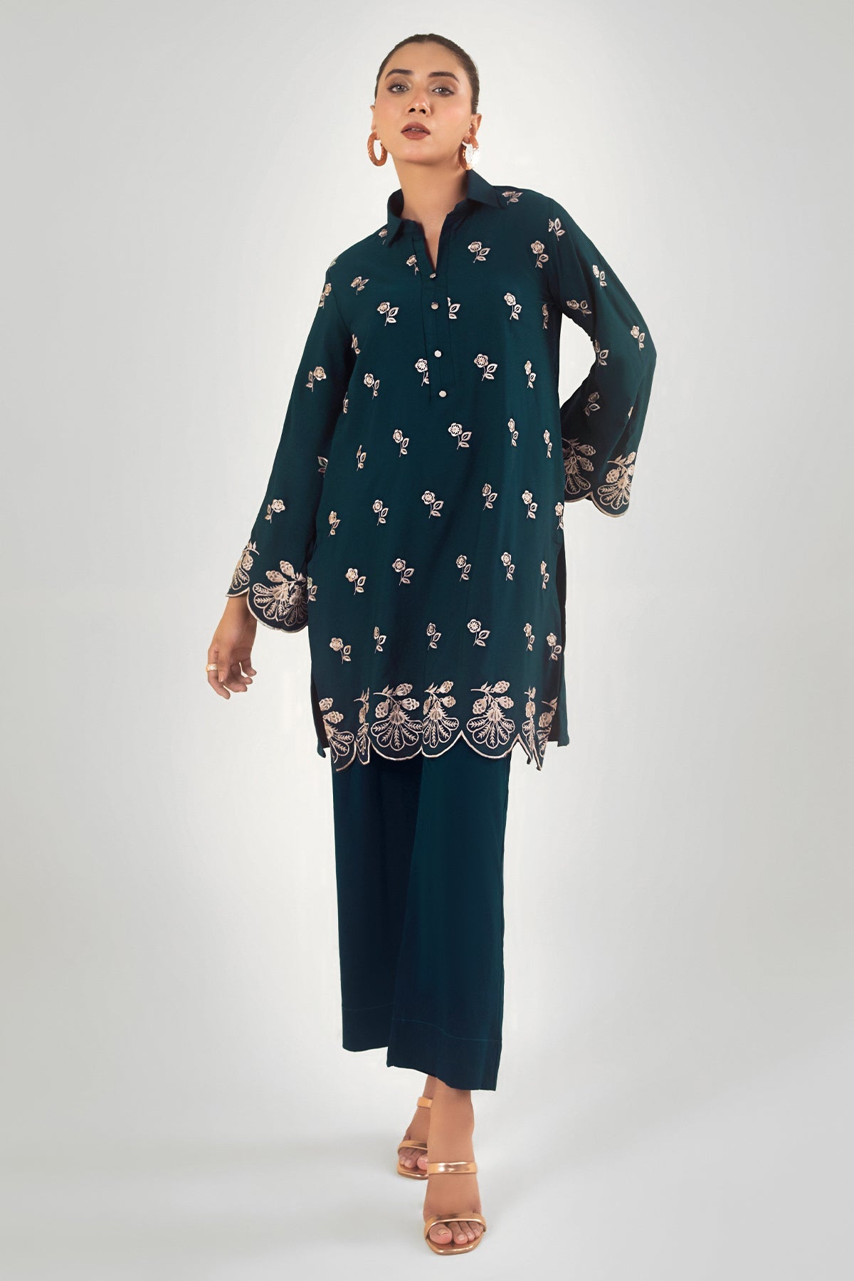 Teal Green Embroidered Co Ord Set - Peach Republic