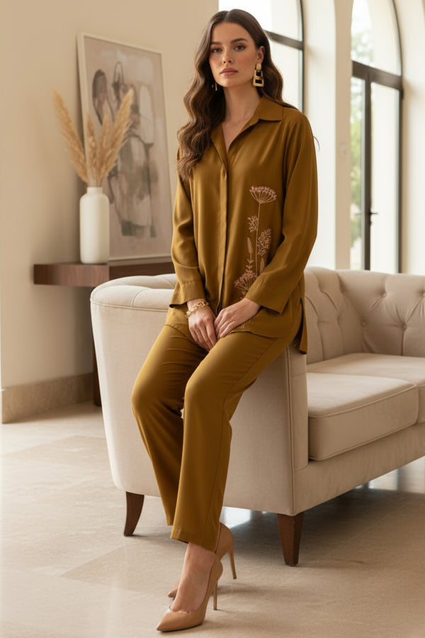 Caramel Embroidered Co ord set - 030