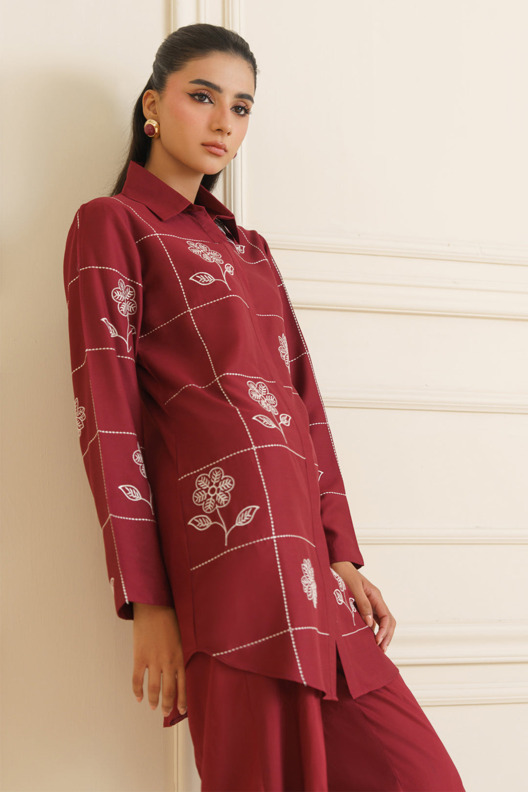 Maroon Embroidered Co Ord Set