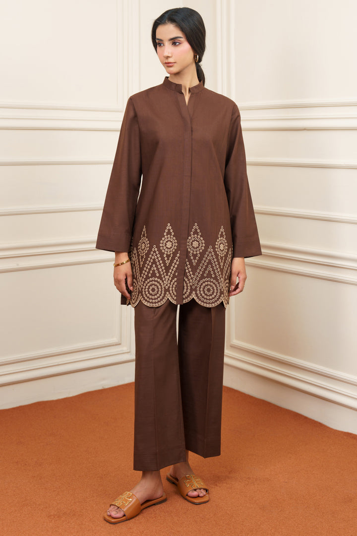 Dark Brown Embroidered Co Ord Set