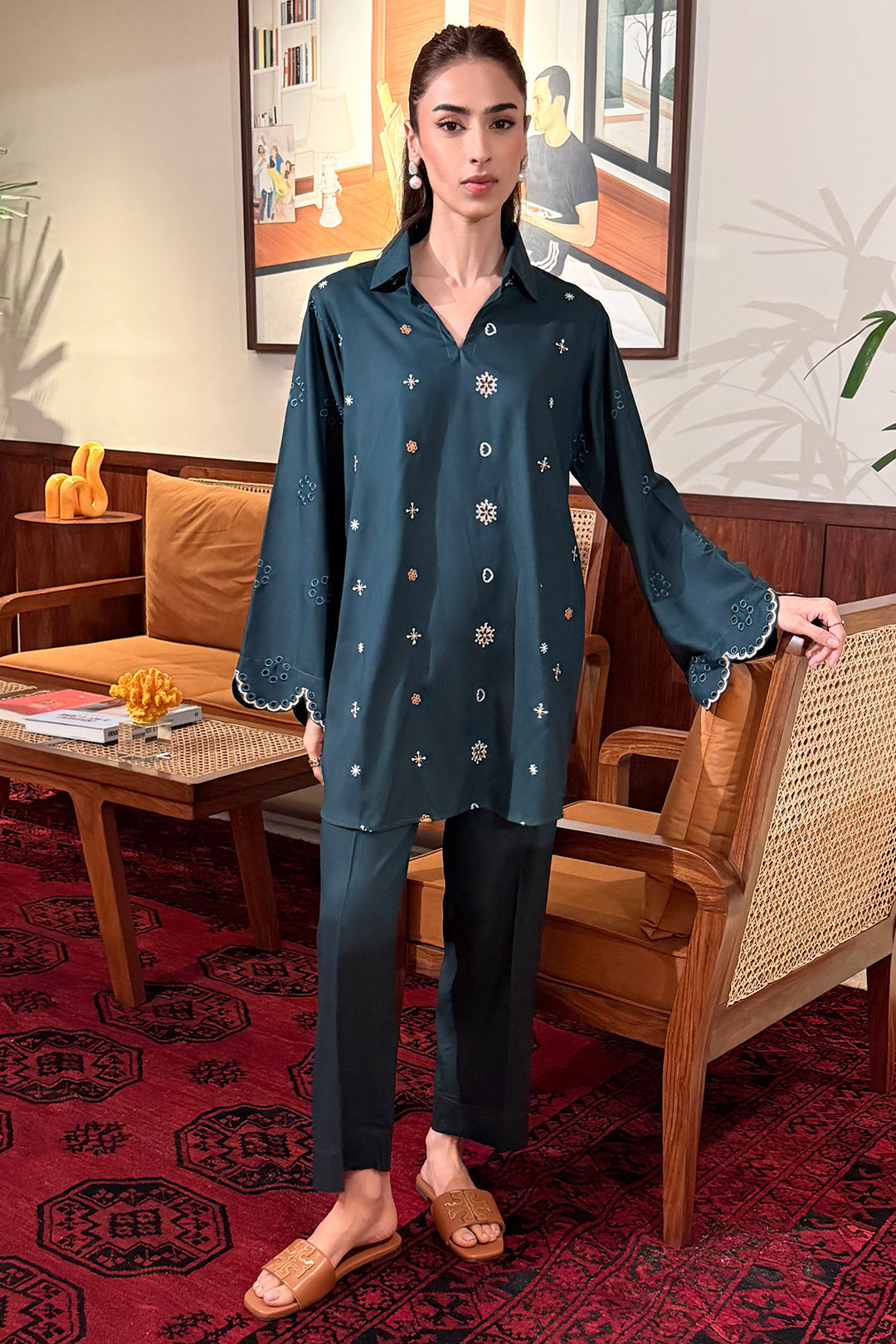 Bottle Green Embroidered Co Ord Set