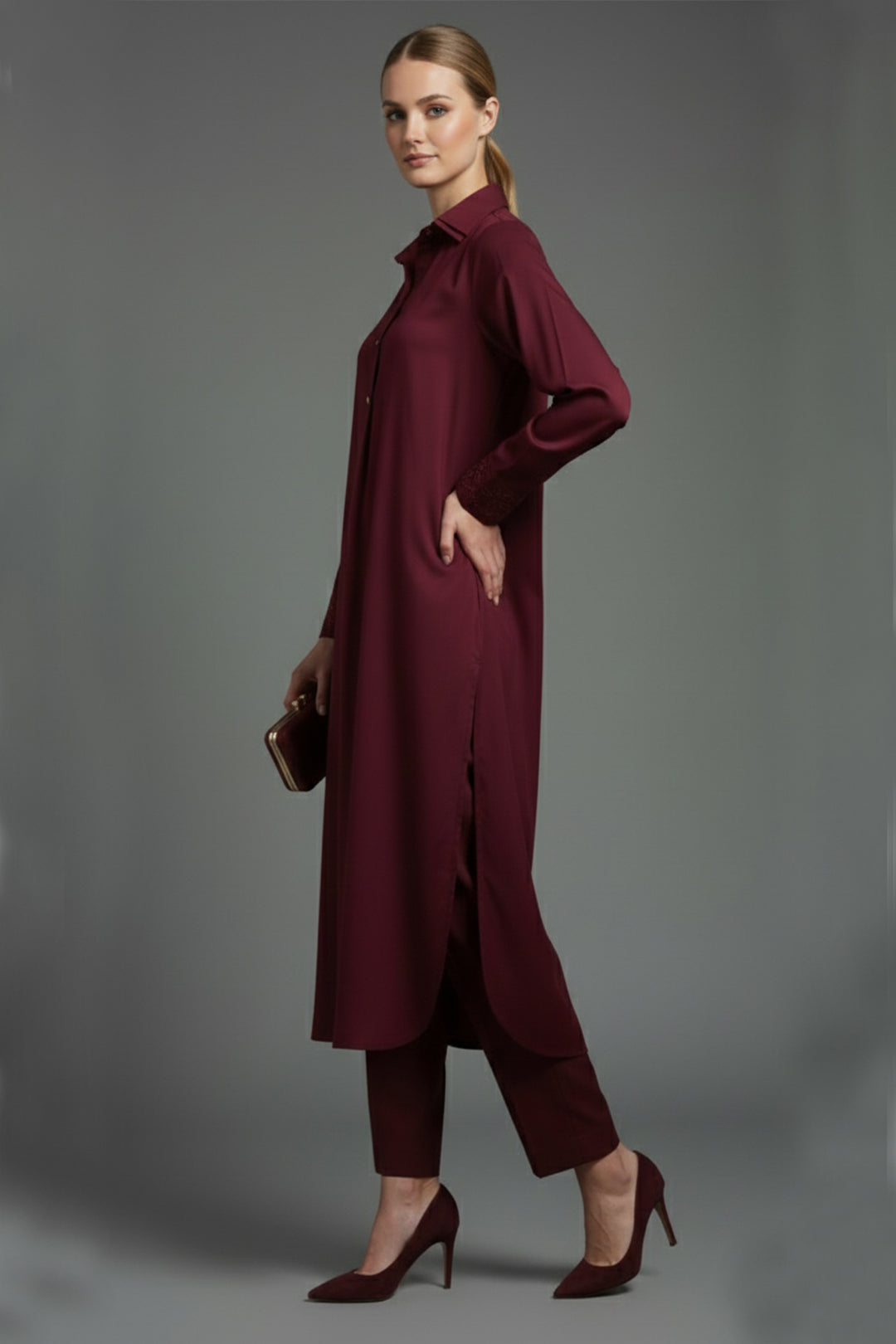Maroon Embroidered Dress - 011