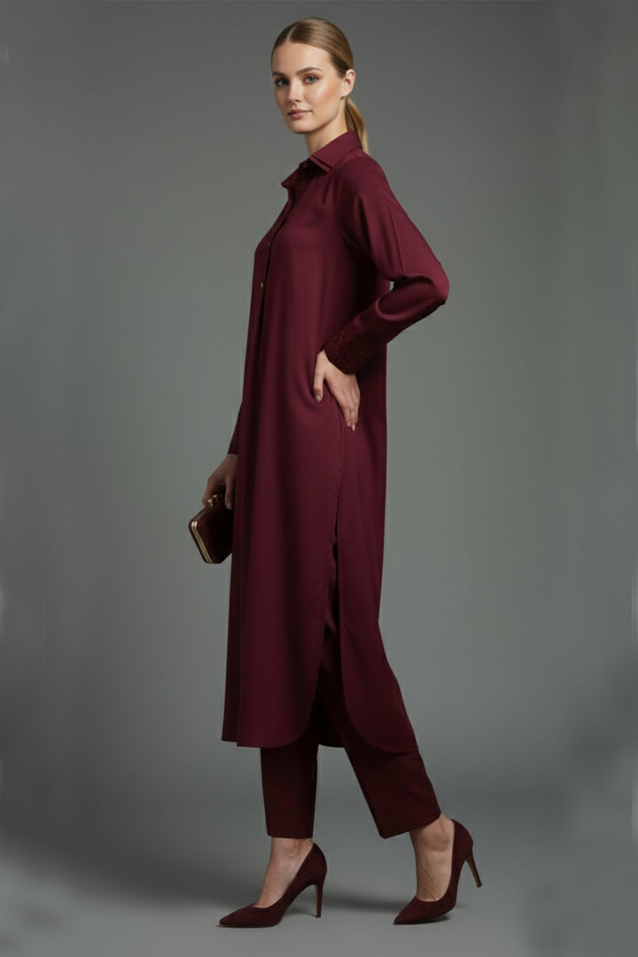 Maroon Embroidered Dress - 011