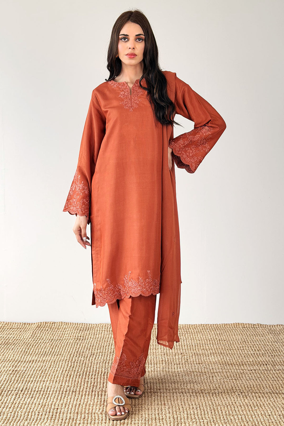 Burnt Orange Embroidered 3-Piece Set