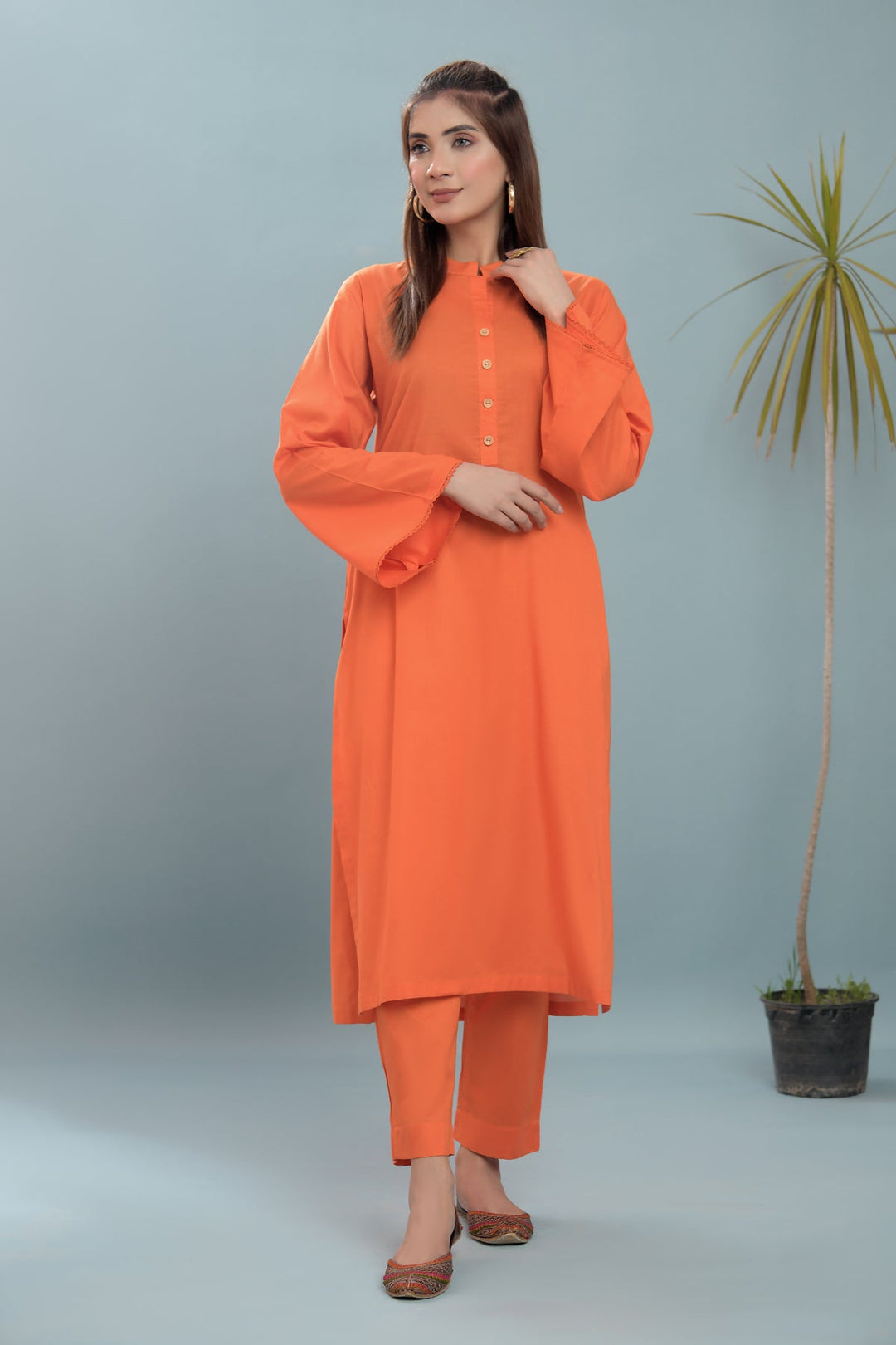 2 Piece Lawn Suit-Orange - Peach Republic