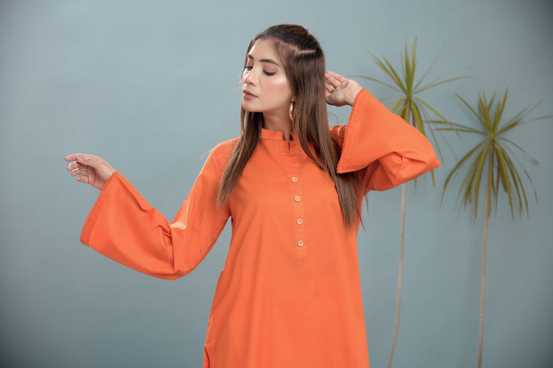 2 Piece Lawn Suit-Orange - Peach Republic