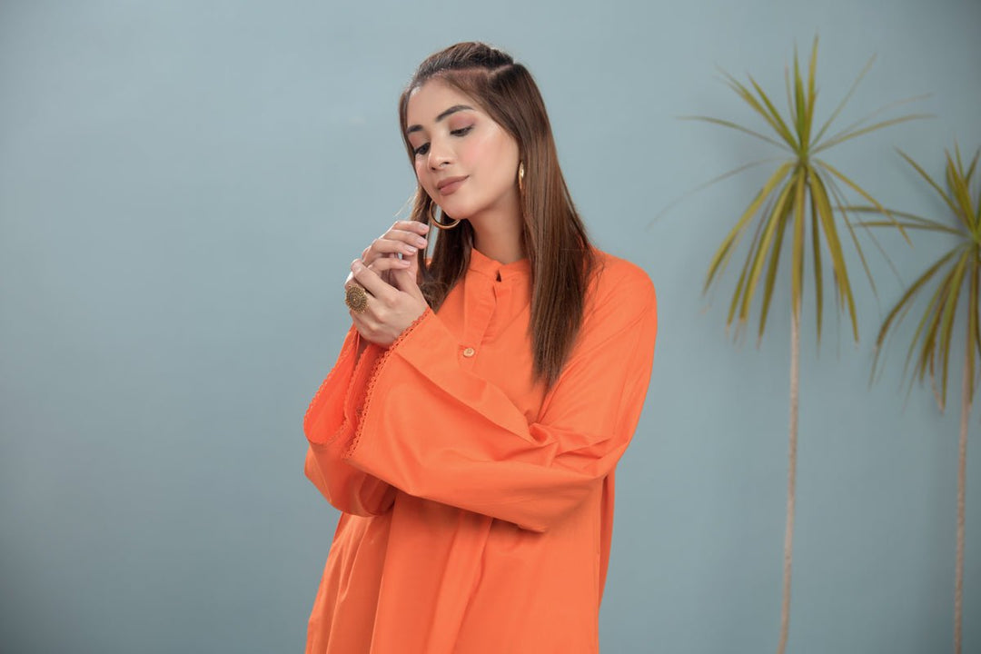 2 Piece Lawn Suit-Orange - Peach Republic