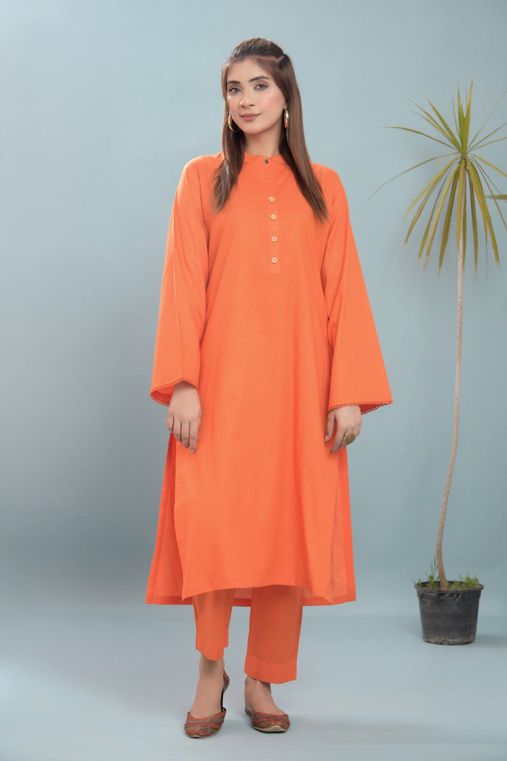 2 Piece Lawn Suit-Orange - Peach Republic