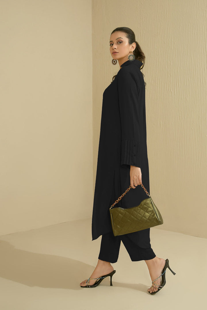 Black Crepe Premium Collar Dress-CC - Peach Republic