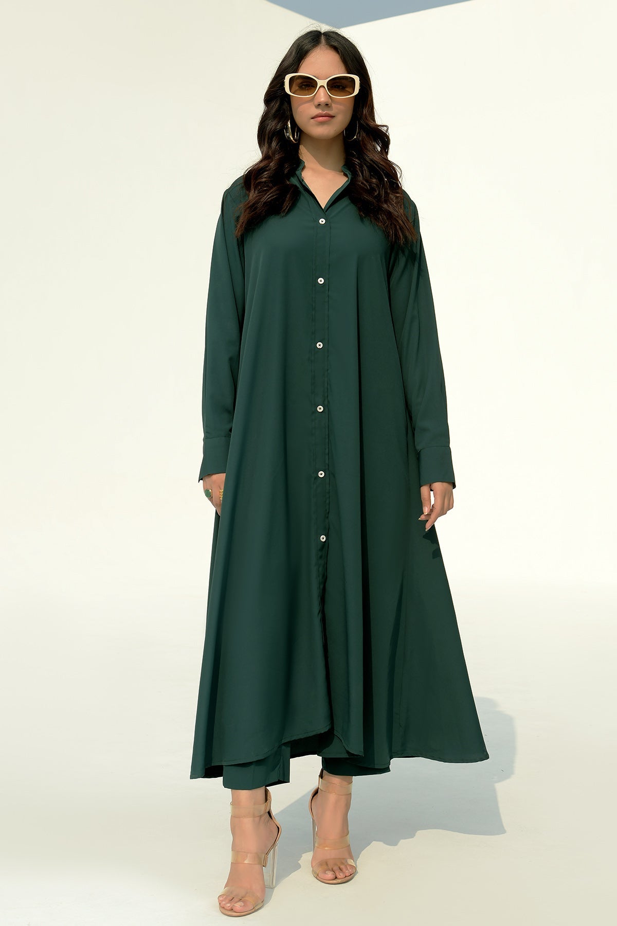 Bottle Green Buttoned A-Line Grip Dress - Peach Republic