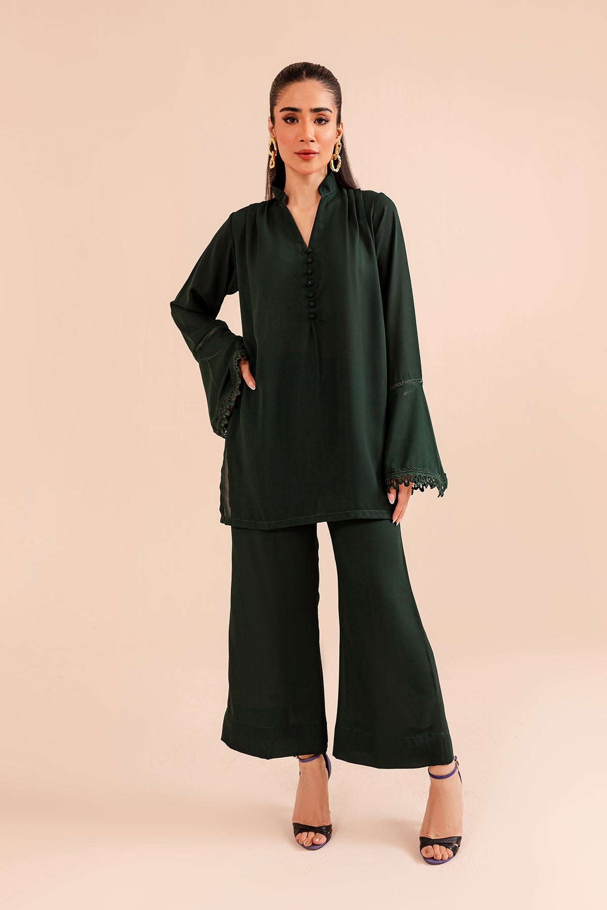 Bottle Green Crepe Dress - Peach Republic