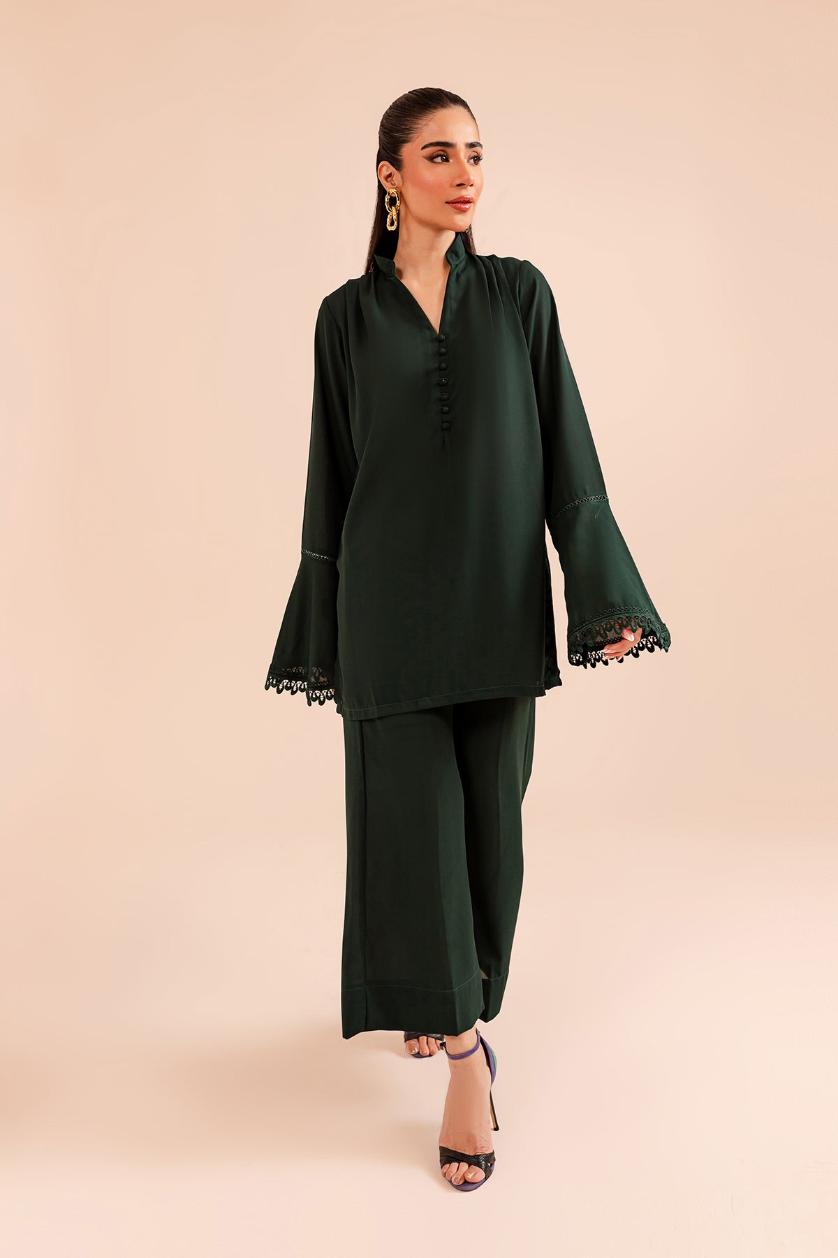 Bottle Green Crepe Dress - Peach Republic